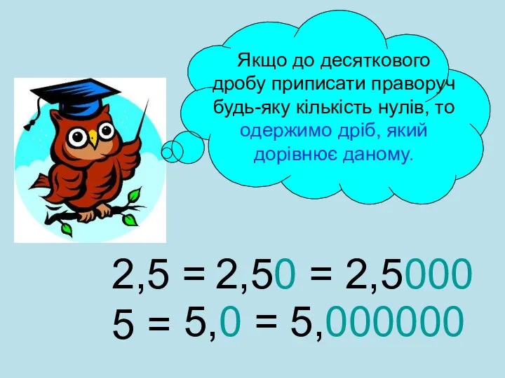 Якщо до десяткового дробу приписати праворуч будь-яку кількість нулів, то одержимо