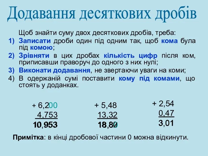 Щоб знайти суму двох десяткових дробів, треба: Записати дроби один під