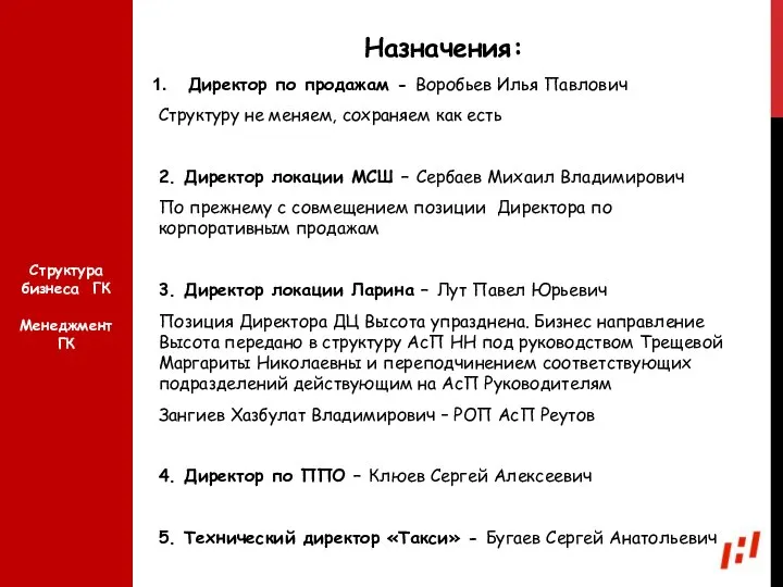 Назначения: Директор по продажам - Воробьев Илья Павлович Структуру не меняем,