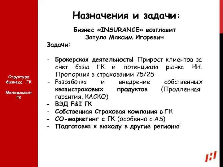 Назначения и задачи: Бизнес «INSURANCE» возглавит Затула Максим Игоревич Задачи: Брокерская