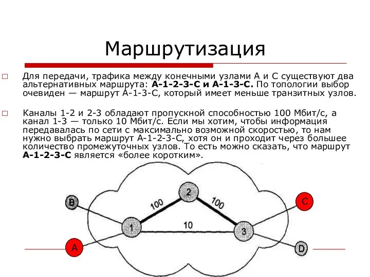 Маршрутизация Для передачи, трафика между конечными узлами А и С существуют