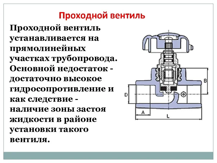 Проходной вентиль устанавливается на прямолинейных участках трубопровода. Основной недостаток - достаточно