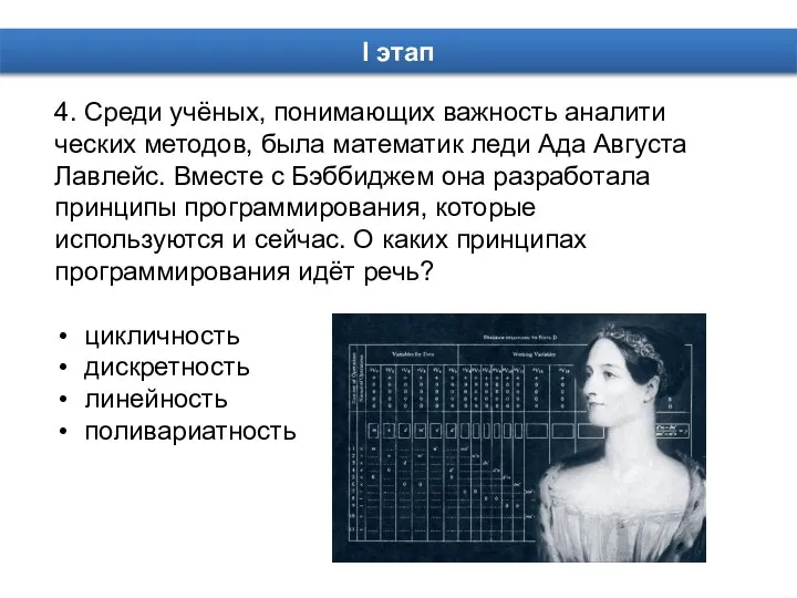 4. Среди учёных, понимающих важность аналити­ческих методов, была математик леди Ада