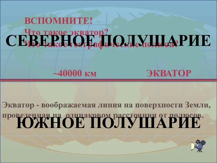 ЭКВАТОР ~40000 км Экватор - воображаемая линия на поверхности Земли, проведенная