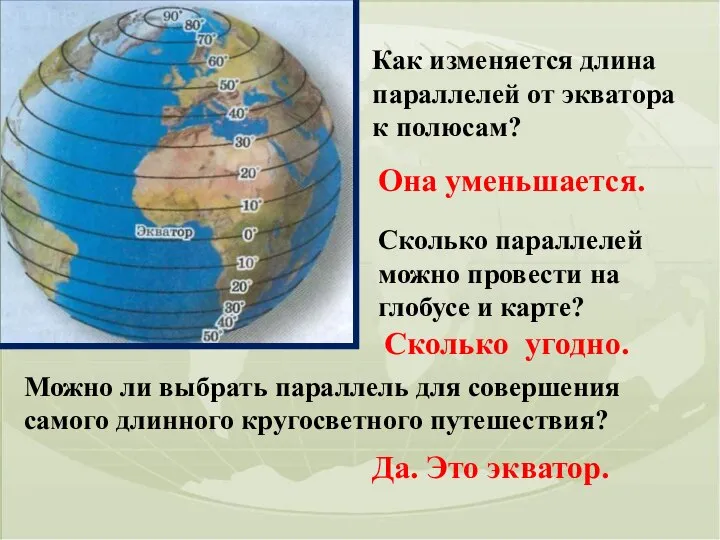 Как изменяется длина параллелей от экватора к полюсам? Она уменьшается. Сколько