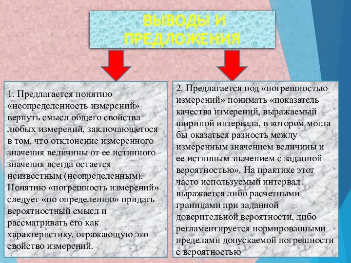 ВЫВОДЫ И ПРЕДЛОЖЕНИЯ 1. Предлагается понятию «неопределенность измерений» вернуть смысл общего