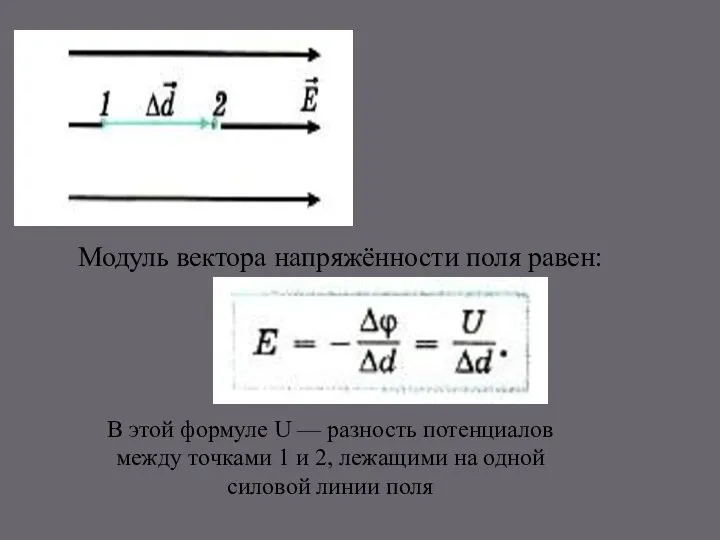 Модуль вектора напряжённости поля равен: В этой формуле U — разность