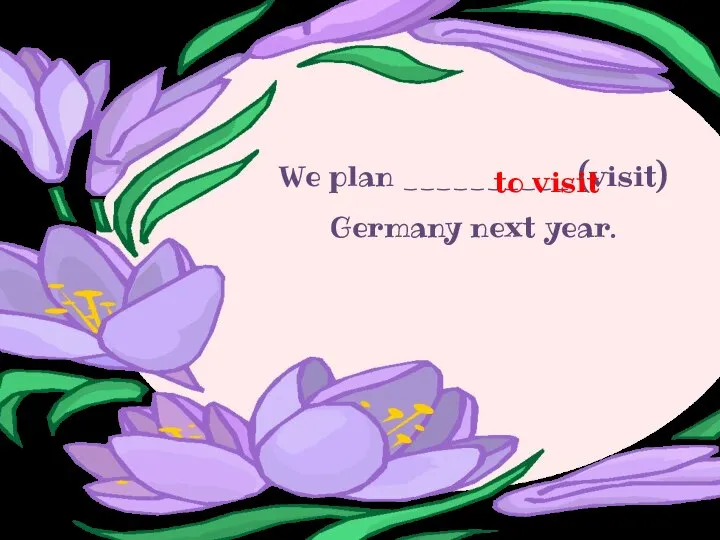 We plan __________ (visit) Germany next year. to visit