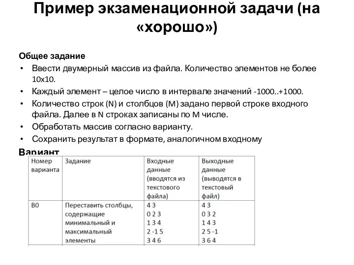 Пример экзаменационной задачи (на «хорошо») Общее задание Ввести двумерный массив из