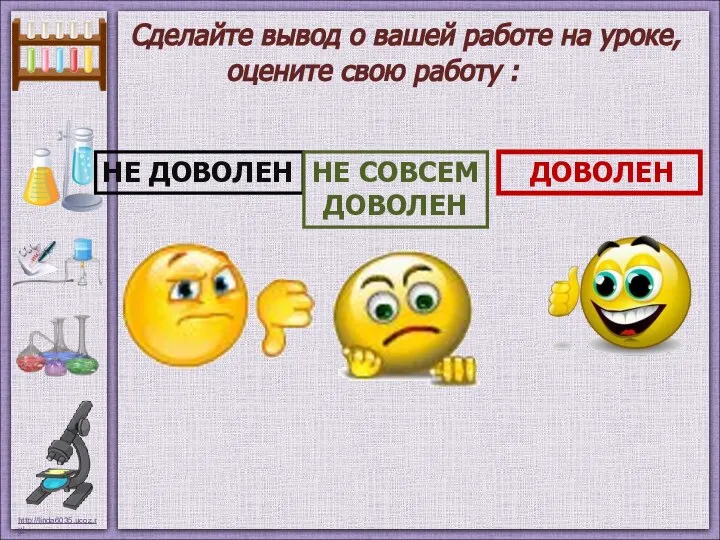 Сделайте вывод о вашей работе на уроке, оцените свою работу :