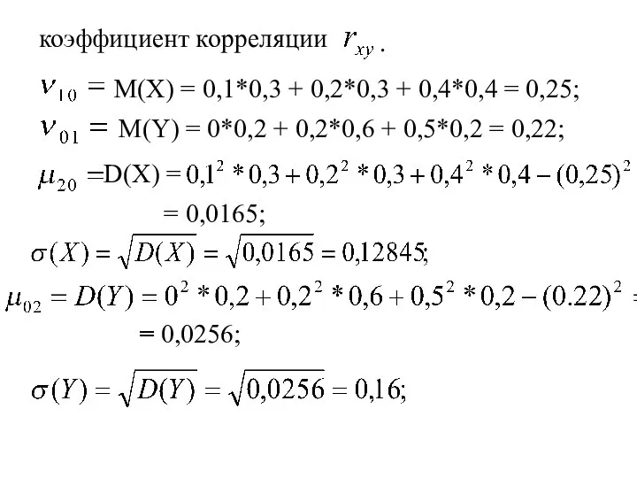 коэффициент корреляции . М(Х) = 0,1*0,3 + 0,2*0,3 + 0,4*0,4 =