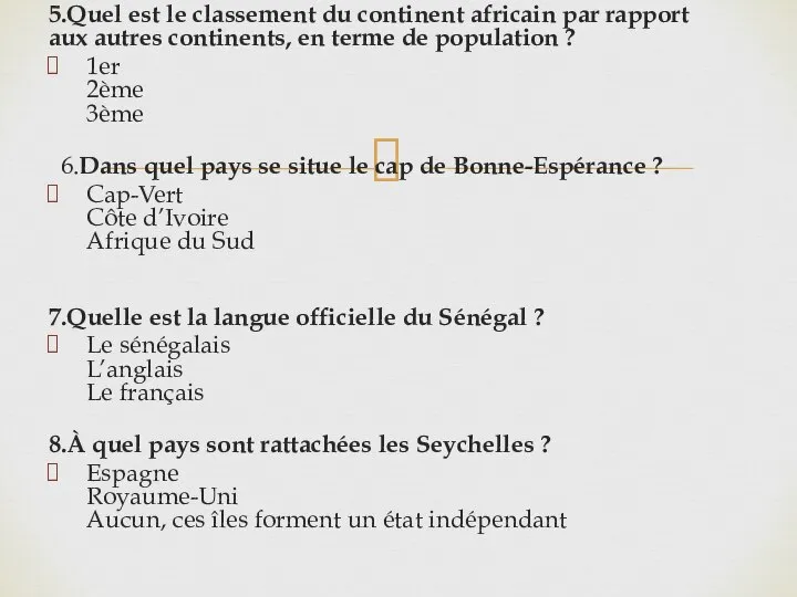 5.Quel est le classement du continent africain par rapport aux autres