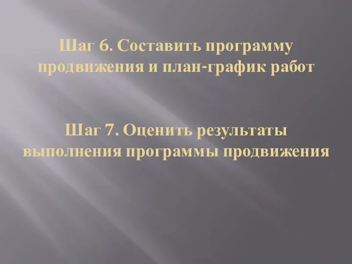 Шаг 6. Составить программу продвижения и план-график работ Шаг 7. Оценить результаты выполнения программы продвижения