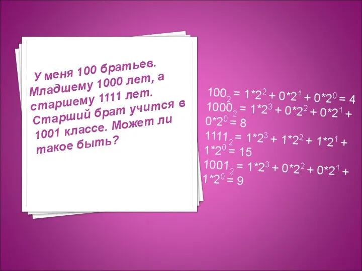 У меня 100 братьев. Младшему 1000 лет, а старшему 1111 лет.