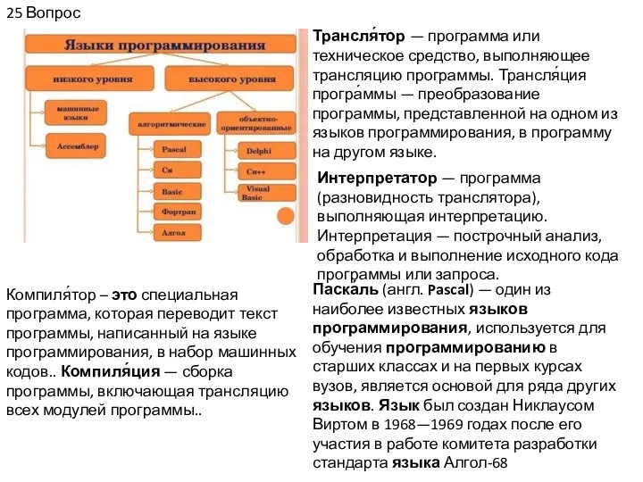 25 Вопрос Трансля́тор — программа или техническое средство, выполняющее трансляцию программы.