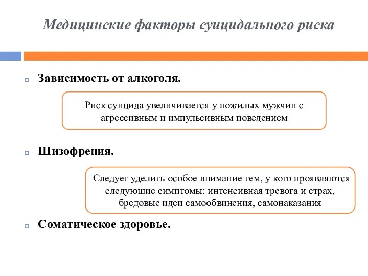 Медицинские факторы суицидального риска Зависимость от алкоголя. Шизофрения. Соматическое здоровье. Риск