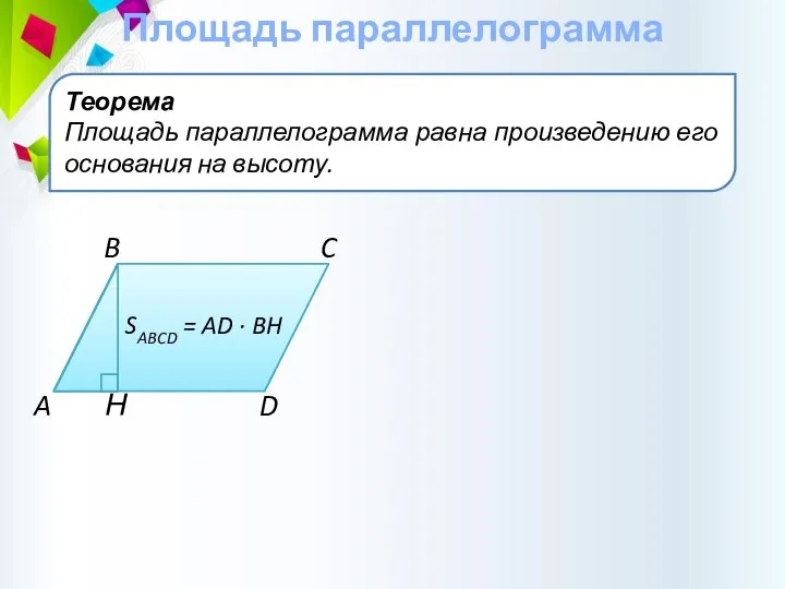 Теорема Площадь параллелограмма равна произведению его основания на высоту. Площадь параллелограмма