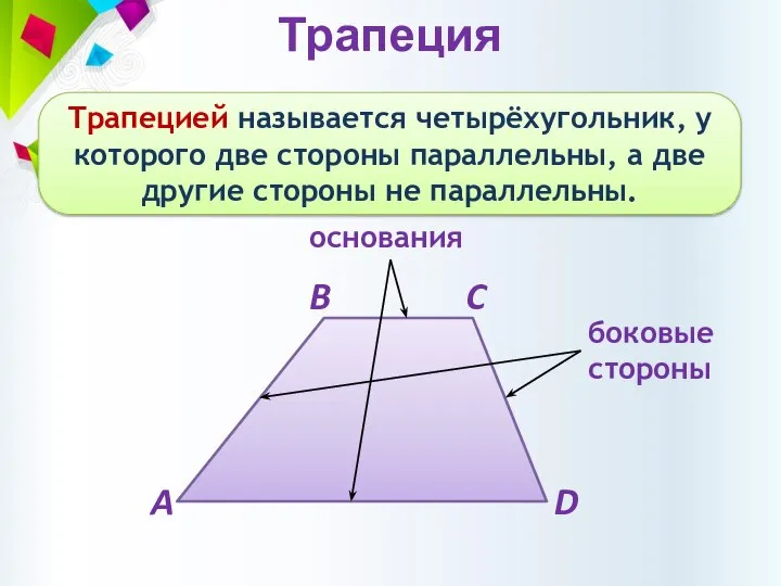 Трапеция Трапецией называется четырёхугольник, у которого две стороны параллельны, а две