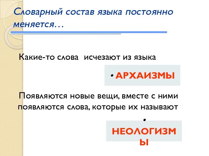 Словарный состав языка постоянно меняется… Какие-то слова исчезают из языка Появляются