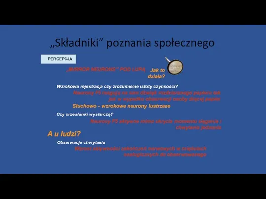 „Składniki” poznania społecznego PERCEPCJA „MIRROR NEURONS” POD LUPĄ Neurony F5 reagują