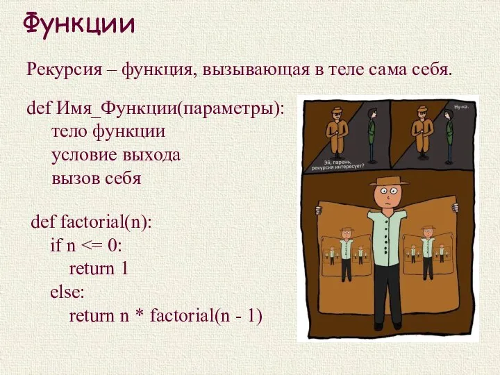 Функции Рекурсия – функция, вызывающая в теле сама себя. def Имя_Функции(параметры):