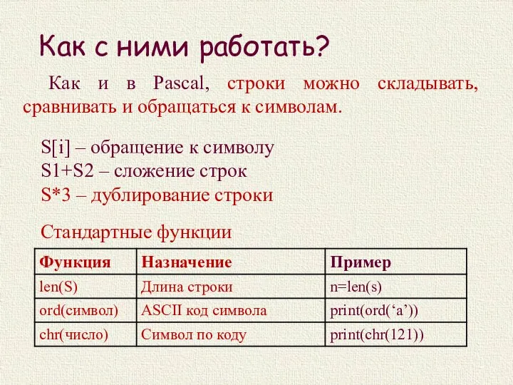 Как с ними работать? Как и в Pascal, строки можно складывать,