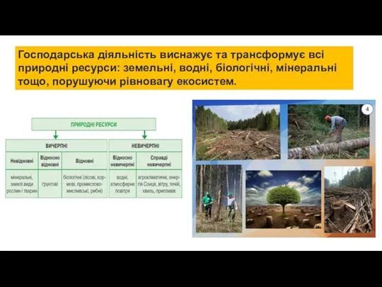 Господарська діяльність виснажує та трансформує всі природні ресурси: земельні, водні, біологічні, мінеральні тощо, порушуючи рівновагу екосистем.