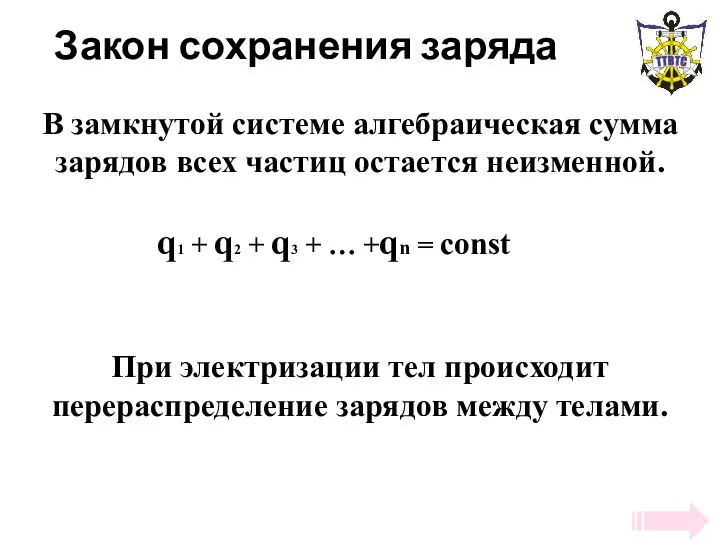 Закон сохранения заряда В замкнутой системе алгебраическая сумма зарядов всех частиц