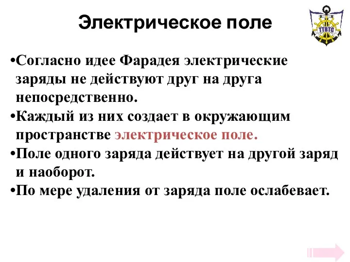 Электрическое поле Согласно идее Фарадея электрические заряды не действуют друг на