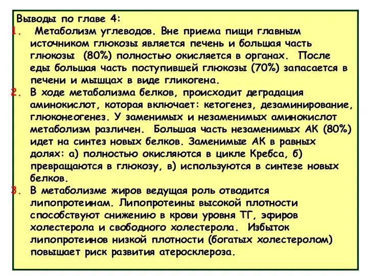 Выводы по главе 4: Метаболизм углеводов. Вне приема пищи главным источником