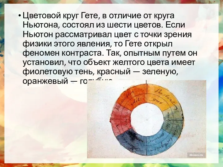 Цветовой круг Гете, в отличие от круга Ньютона, состоял из шести