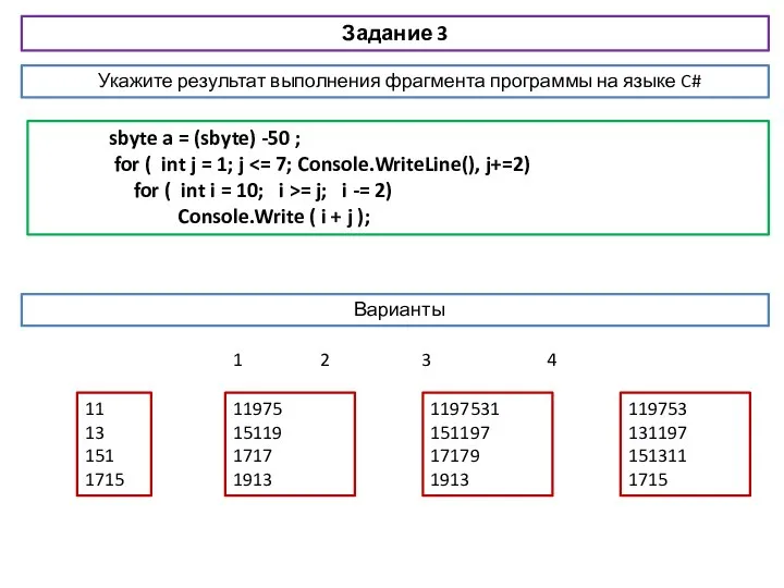 Задание 3 sbyte a = (sbyte) -50 ; for ( int