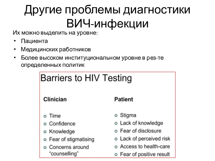 Другие проблемы диагностики ВИЧ-инфекции Их можно выделить на уровне: Пациента Медицинских