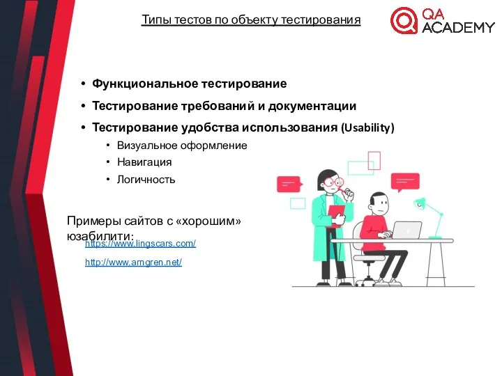 Функциональное тестирование Тестирование требований и документации Тестирование удобства использования (Usability) Визуальное