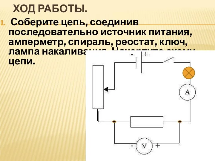 ХОД РАБОТЫ. Соберите цепь, соединив последовательно источник питания, амперметр, спираль, реостат,