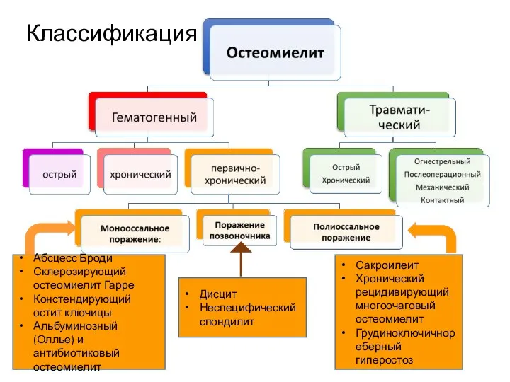 Классификация Абсцесс Броди Склерозирующий остеомиелит Гарре Констендирующий остит ключицы Альбуминозный (Оллье)