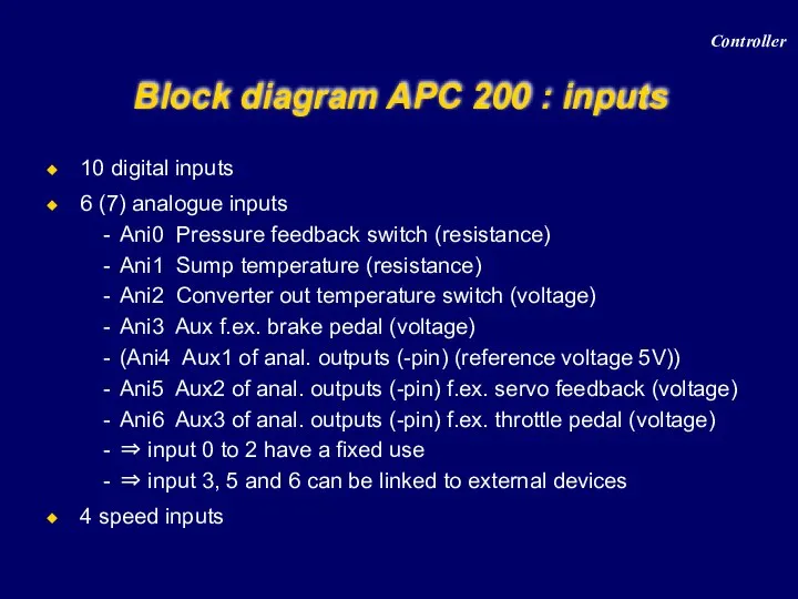 Block diagram APC 200 : inputs Controller 10 digital inputs 6