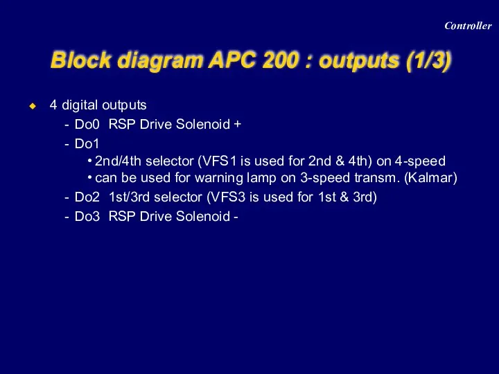 Block diagram APC 200 : outputs (1/3) Controller 4 digital outputs