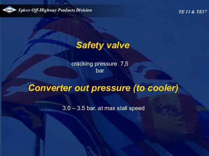 Safety valve cracking pressure 7,5 bar Converter out pressure (to cooler)