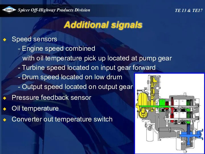 Additional signals Speed sensors Engine speed combined with oil temperature pick