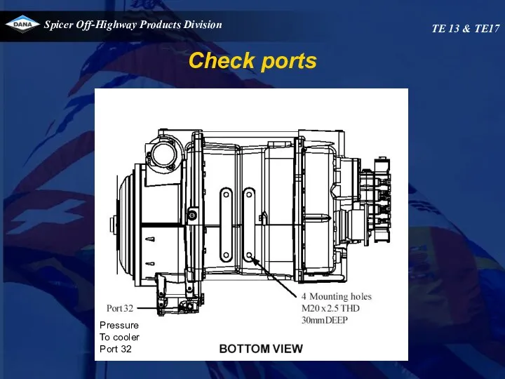 Check ports TE 13 & TE17 Pressure To cooler Port 32