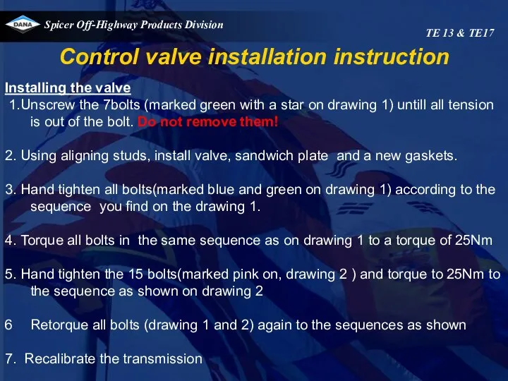 Control valve installation instruction Installing the valve 1.Unscrew the 7bolts (marked