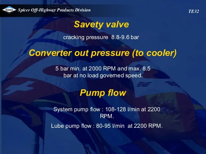 Savety valve cracking pressure 8.8-9.6 bar Converter out pressure (to cooler)