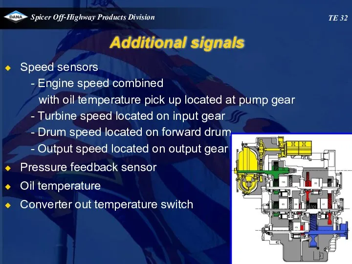 Additional signals Speed sensors Engine speed combined with oil temperature pick