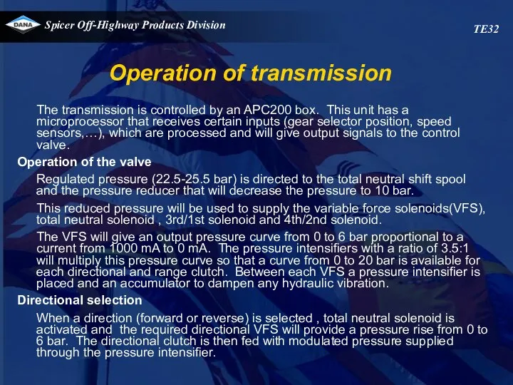 Operation of transmission TE32 The transmission is controlled by an APC200