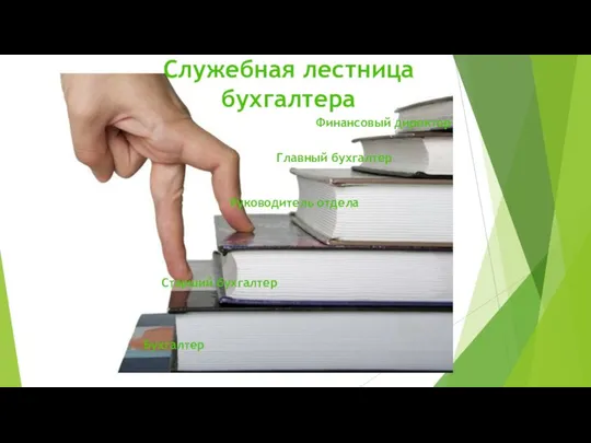 Служебная лестница бухгалтера Финансовый директор Главный бухгалтер Руководитель отдела Старший бухгалтер Бухгалтер