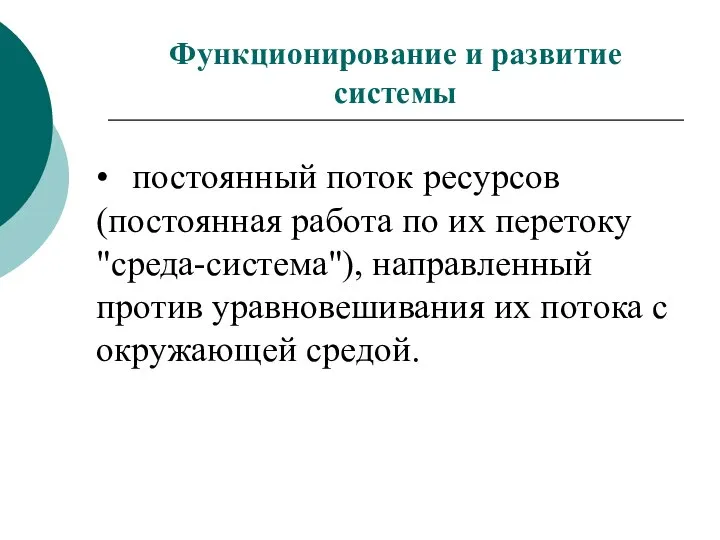 Функционирование и развитие системы • постоянный поток ресурсов (постоянная работа по