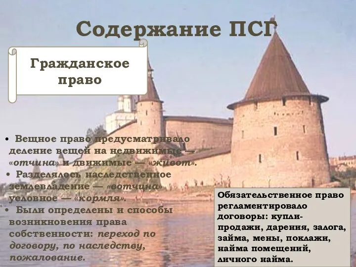 Содержание ПСГ Вещное право предусматривало деление вещей на недвижимые — «отчина»