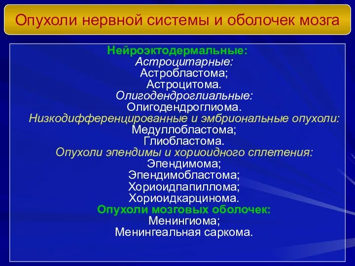 Нейроэктодермальные: Астроцитарные: Астробластома; Астроцитома. Олигодендроглиальные: Олигодендроглиома. Низкодифференцированные и эмбриональные опухоли: Медуллобластома;