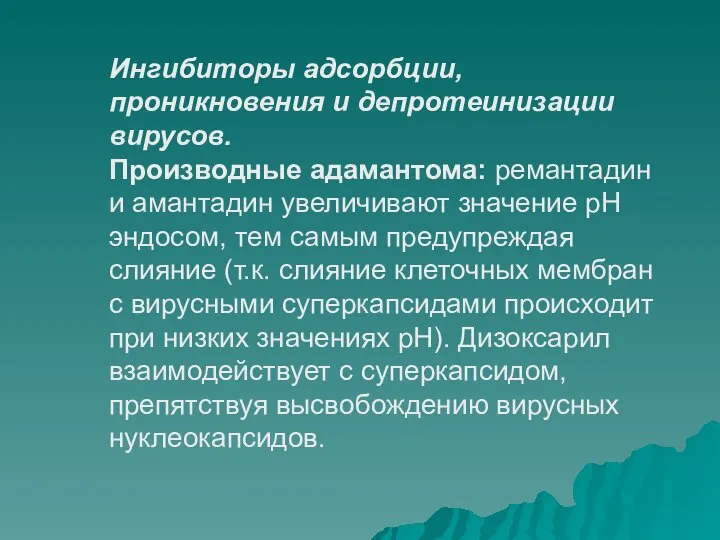 Ингибиторы адсорбции, проникновения и депротеинизации вирусов. Производные адамантома: ремантадин и амантадин